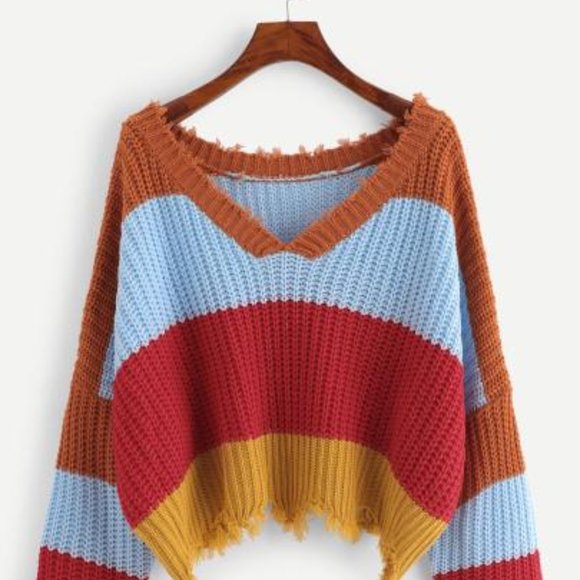 COLOR BLOCK RAW HEM SWEATER - Picture 1 of 1